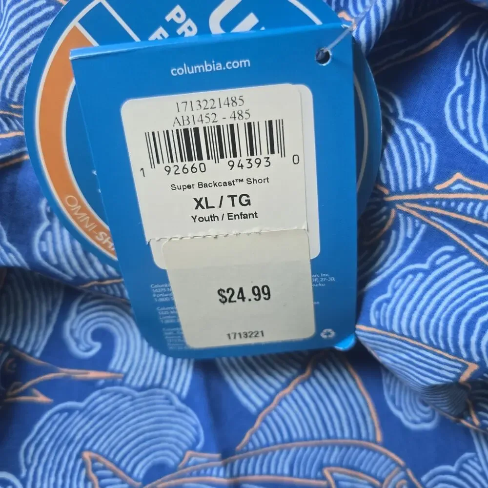 Columbia PFG Shark Print Swim Trunks Boys Youth XL 18/20 Blue White UPF 50 NWT